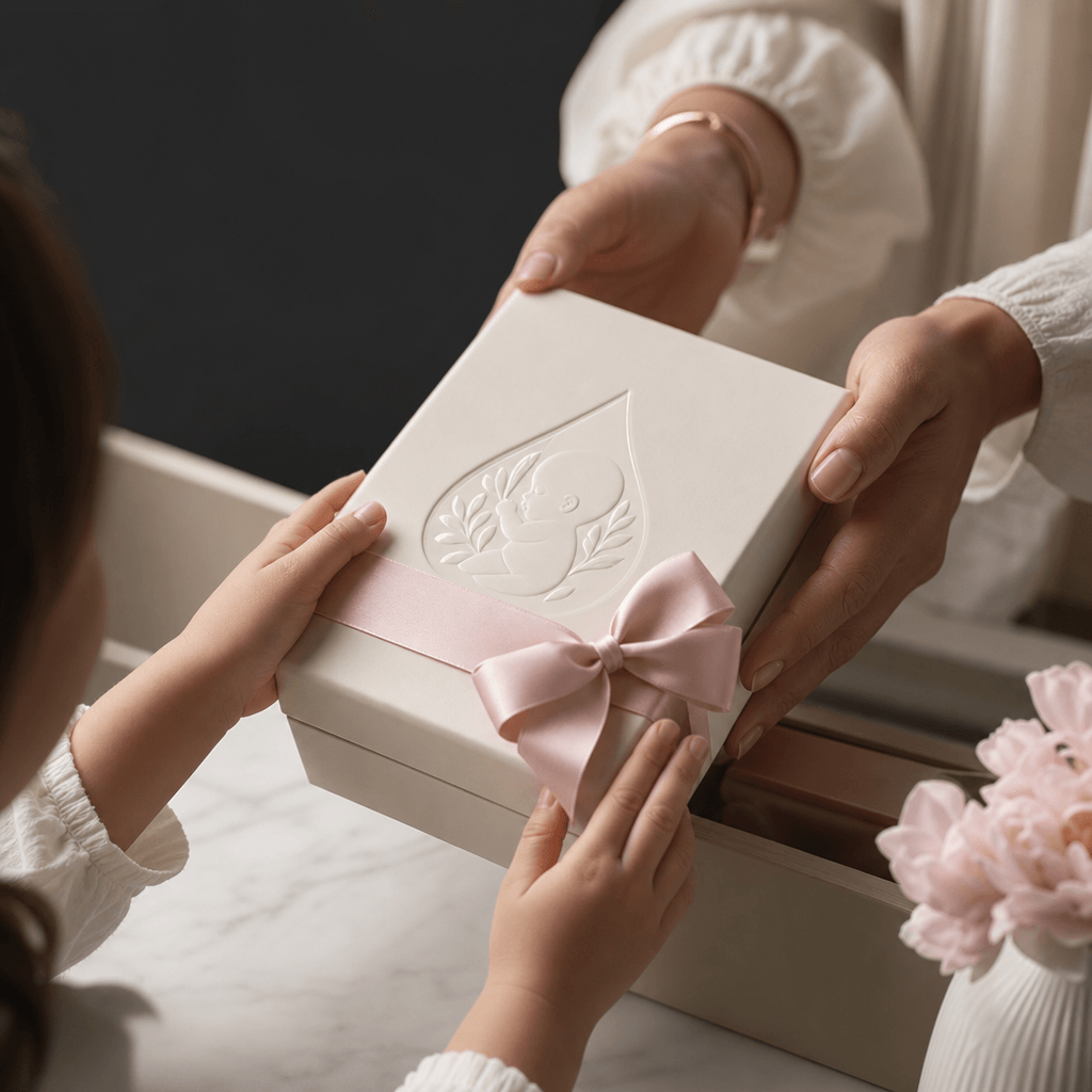 A beautifully packaged baby-care product held between a child's curious hands and an adult's supportive hands above a re