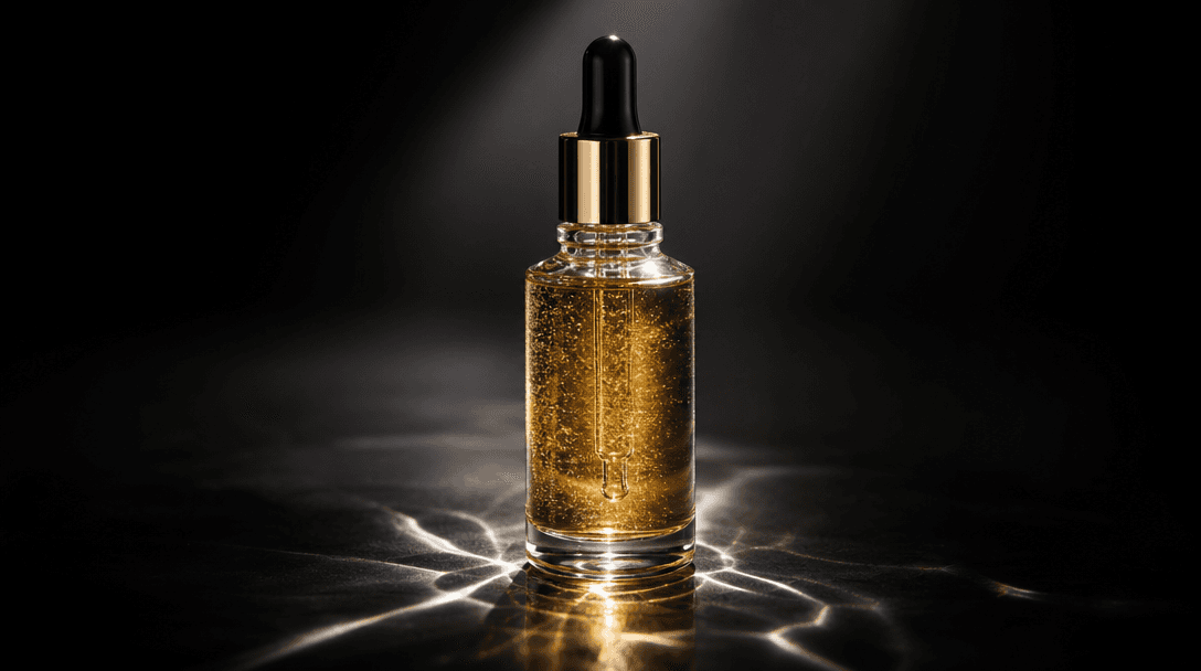 Dark editorial macro product photography: a glass serum bottle precisely lit by a sharp spotlight on a matte black surfa