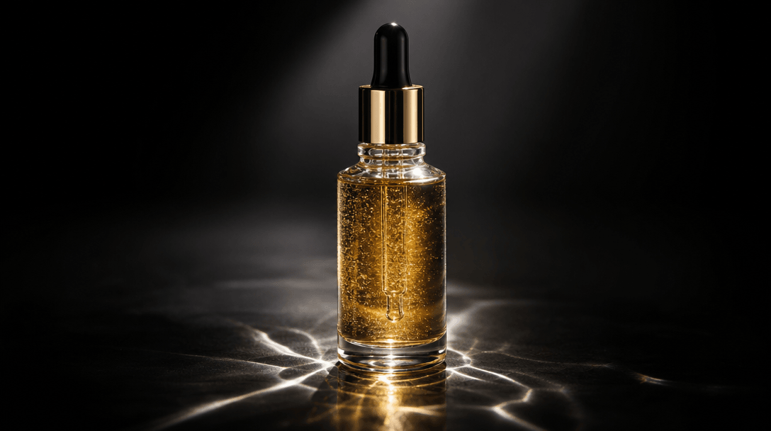 Dark editorial macro product photography: a glass serum bottle precisely lit by a sharp spotlight on a matte black surfa