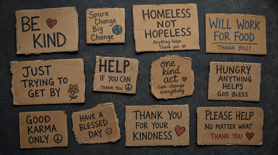 Flat lay of multiple cardboard signs with different messages, arranged artfully on dark surface, varying wear levels, au