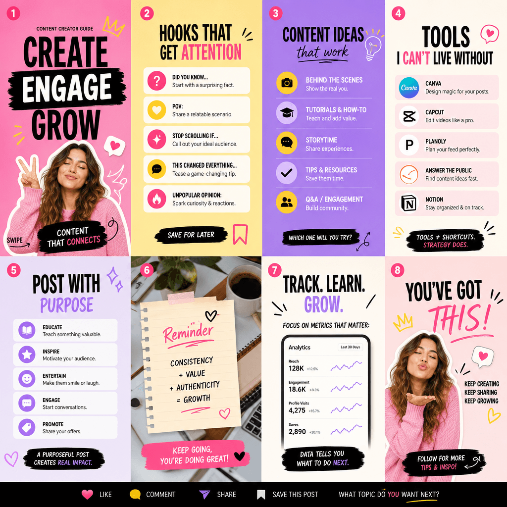 Vibrant social media carousel with engagement aesthetics, bright colors, content creator style, multiple slides with var