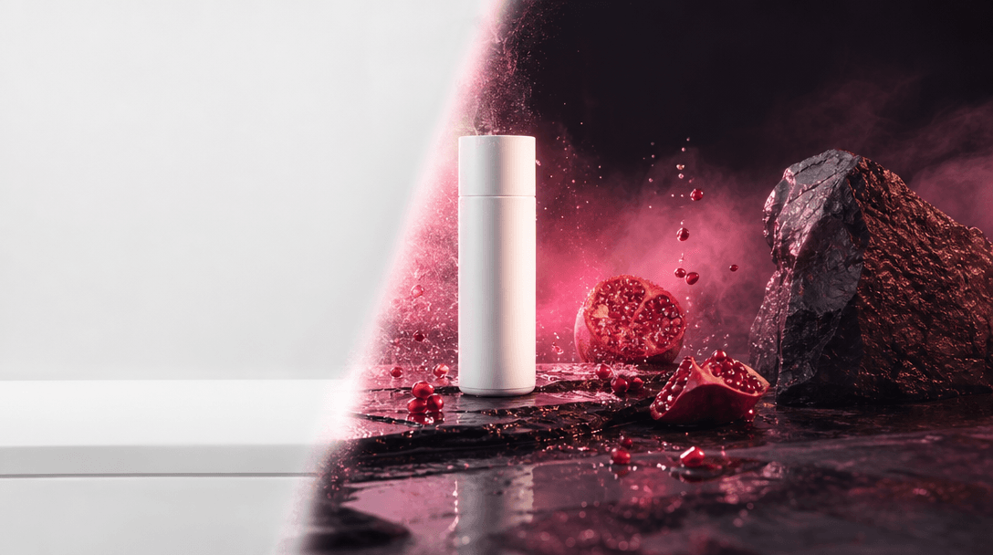 An ordinary white product packshot transitioning into a richly art-directed studio still life through a sweep of light,