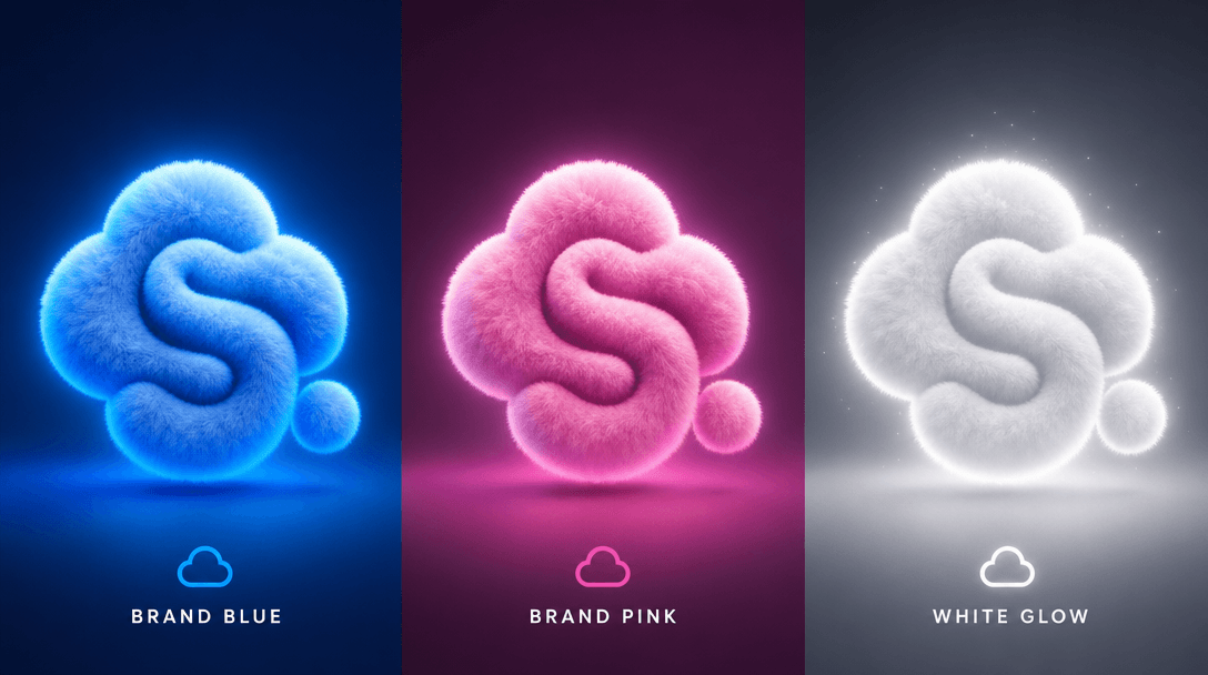 Split-screen showing same fluffy logo in multiple color variations—brand blue, brand pink, white glow. Each color varian