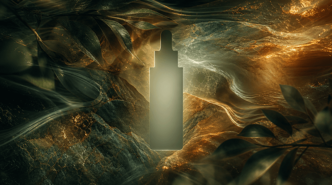 Multiple translucent layers of leaves, water, warm sunlight, and mineral textures flowing laterally around an empty cent