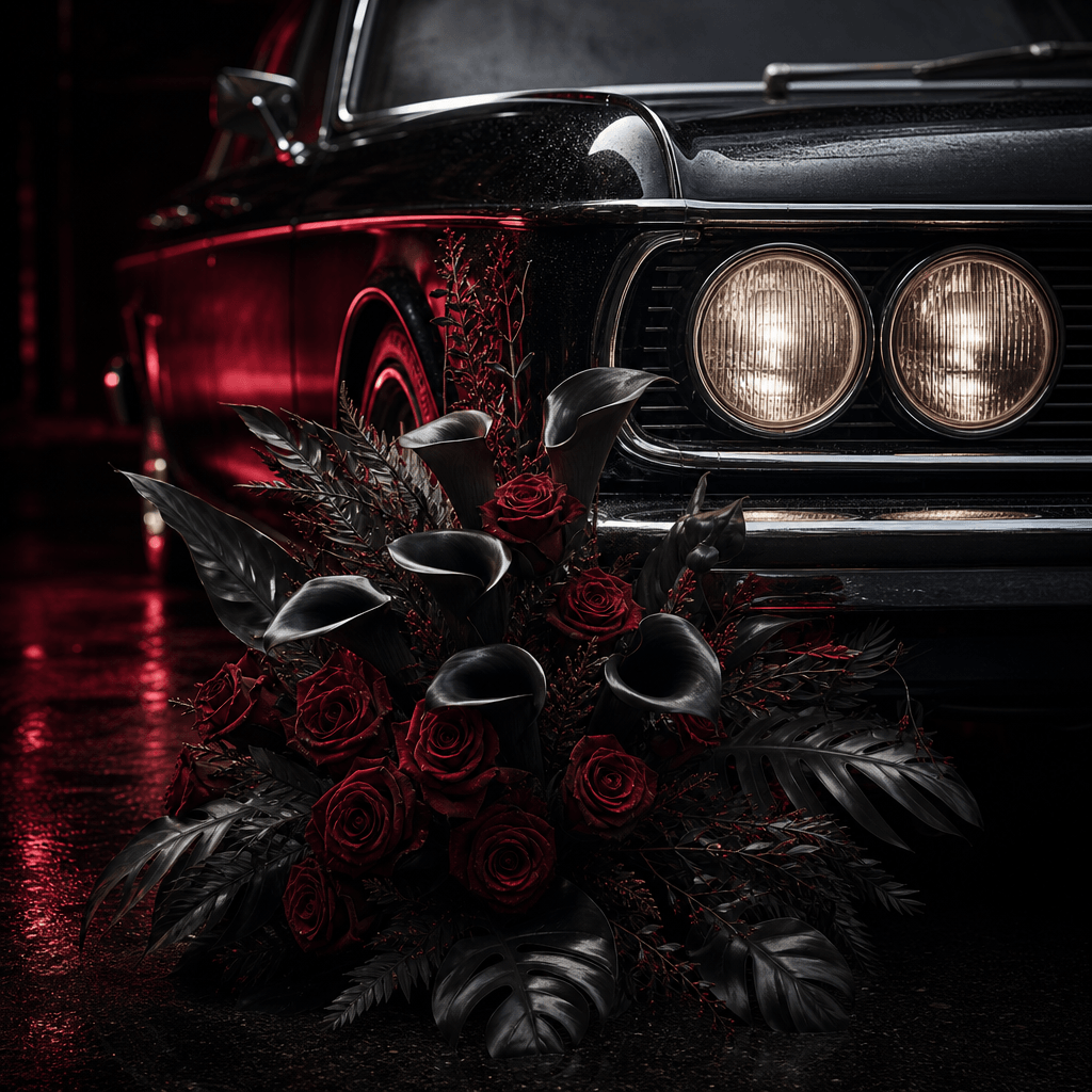 A dramatic bouquet of black calla lilies, crimson roses, and dark foliage positioned beside the headlight of a glossy mi