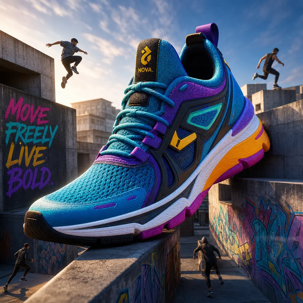 Colorful athletic sneaker against blurred parkour environment background, scale effect showing the shoe much larger than