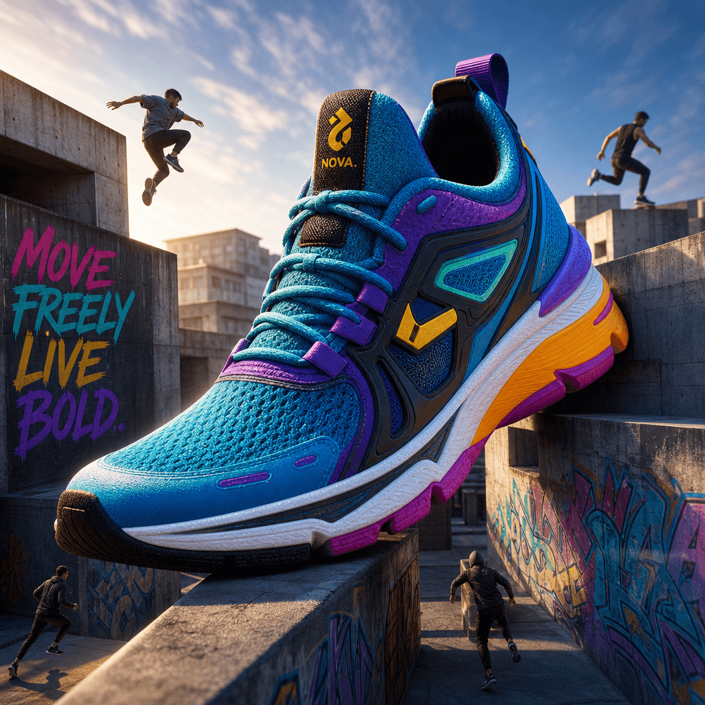 Colorful athletic sneaker against blurred parkour environment background, scale effect showing the shoe much larger than