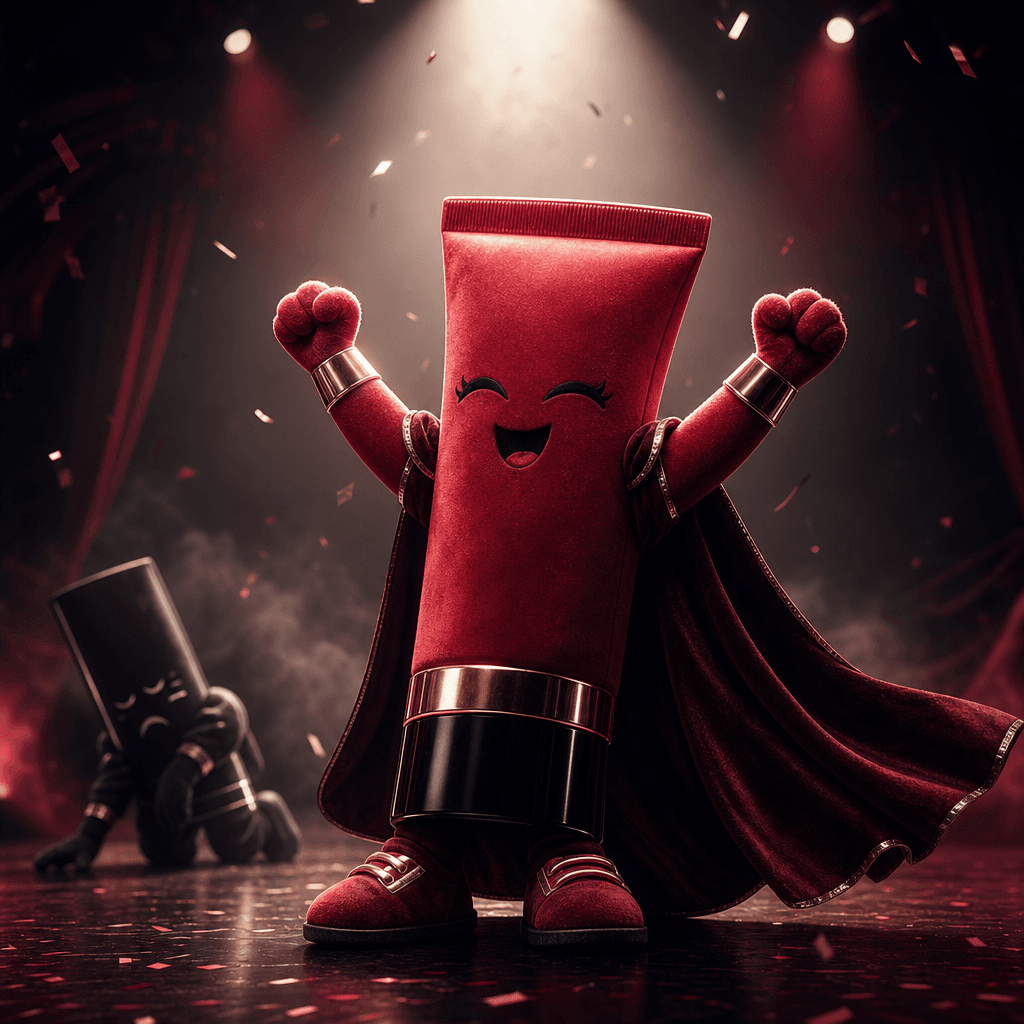 A luxurious plush mascot inspired by a red cosmetic tube celebrates after winning a dance battle, arms raised beneath a