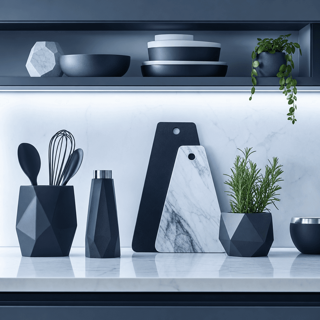 Sleek contemporary kitchen counter with geometric kitchenware and minimalist decor. Cool blue-white studio lighting. Cle