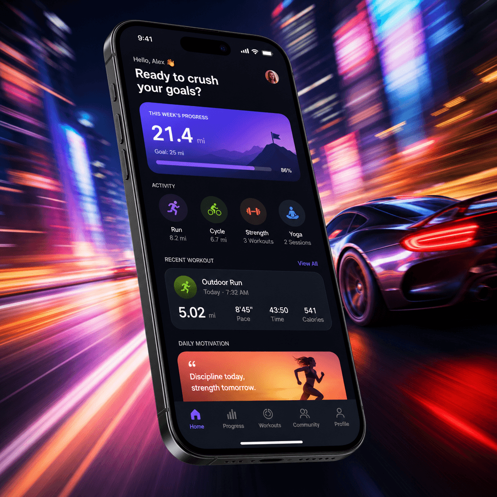 A dynamic smartphone mockup displaying an app in action. The mockup should be set against a vibrant backdrop with motion