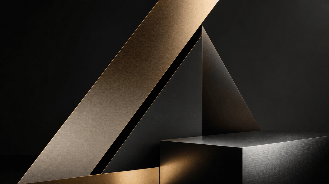 Abstract geometric forms with metallic surfaces and studio lighting. Fine-art composition, sharp edges, premium branding