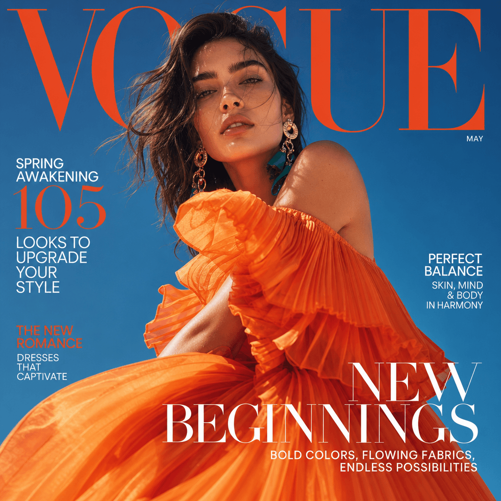 Glossy fashion magazine cover featuring person in professional styling, magazine nameplate at top, artistic typography a