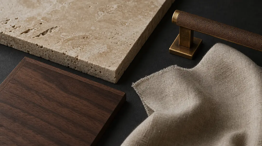 Close-up editorial composition of luxury interior material samples — travertine marble slab, aged brass hardware, raw li