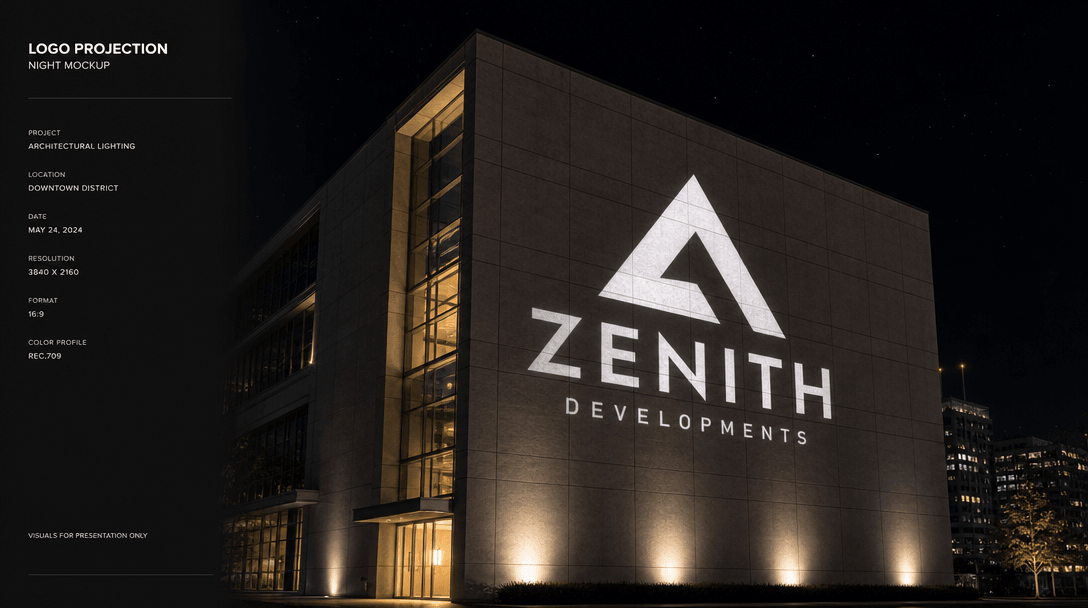 High-resolution video frame of a logo projection on a modern building displayed on a professional dark background. Perfe