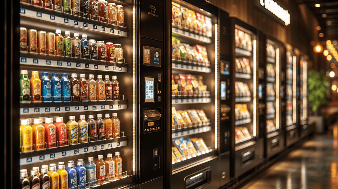 Rows of glowing vending machine products, bokeh lighting effects, cinematic depth of field, retail environment atmospher
