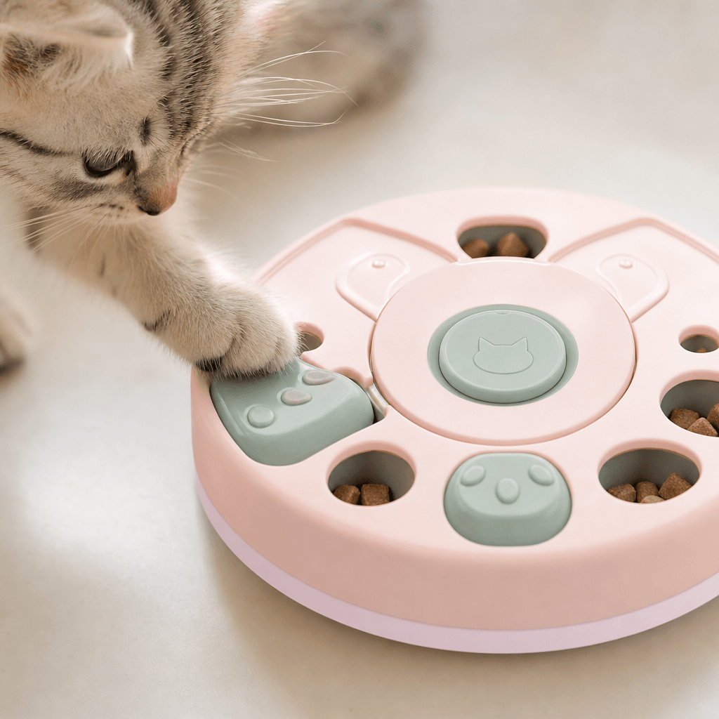 Close-up of kitten's paw touching interactive treat toy on white surface, soft diffused light, pastel colors, detailed t