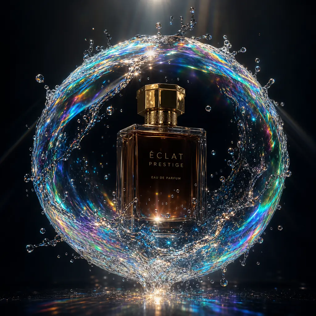 Perfect sphere of iridescent water splash surrounding premium perfume bottle, light rays refracting through droplets, da