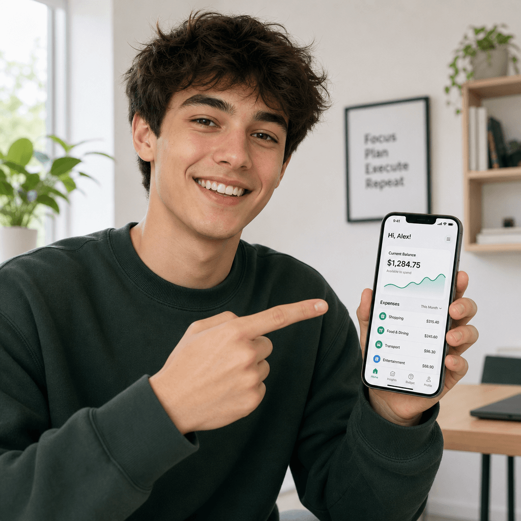 Young person gesturing at mobile phone screen, engaging with app interface, bright natural light, modern minimalist back
