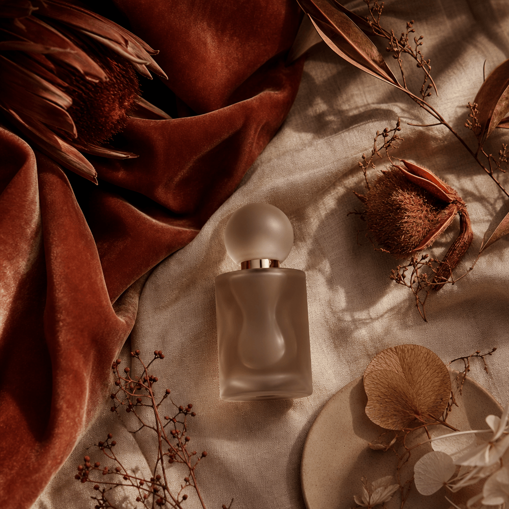 Beauty brand aesthetic in warm terracotta and cream tones. Close-up flatlay of velvet fabric, dried botanicals, and a mi