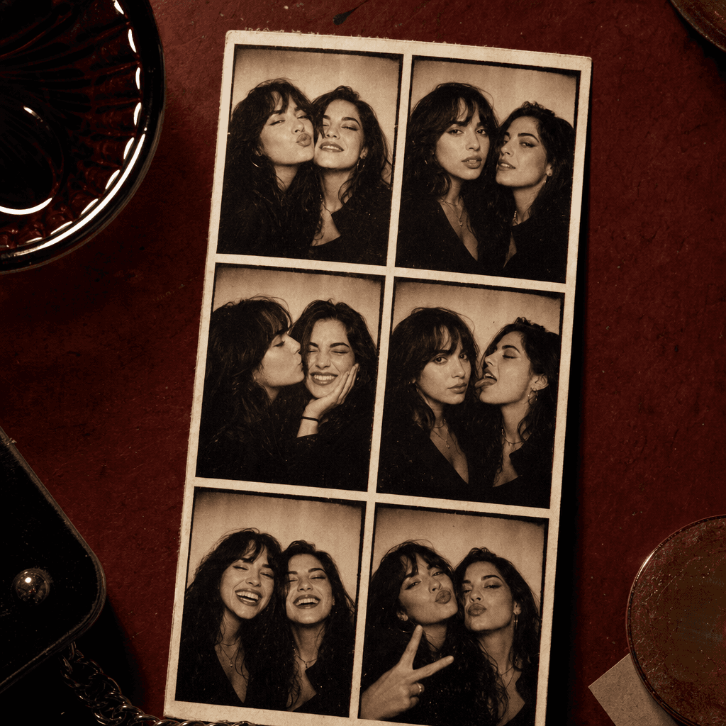 A playful vintage photobooth strip featuring two anonymous friends sharing candid expressions across six coordinated fra