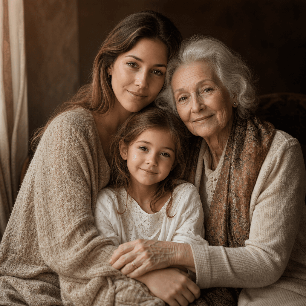 Family generations portrait emphasizing young and old together. Three-generation composition, warm intimate lighting, le