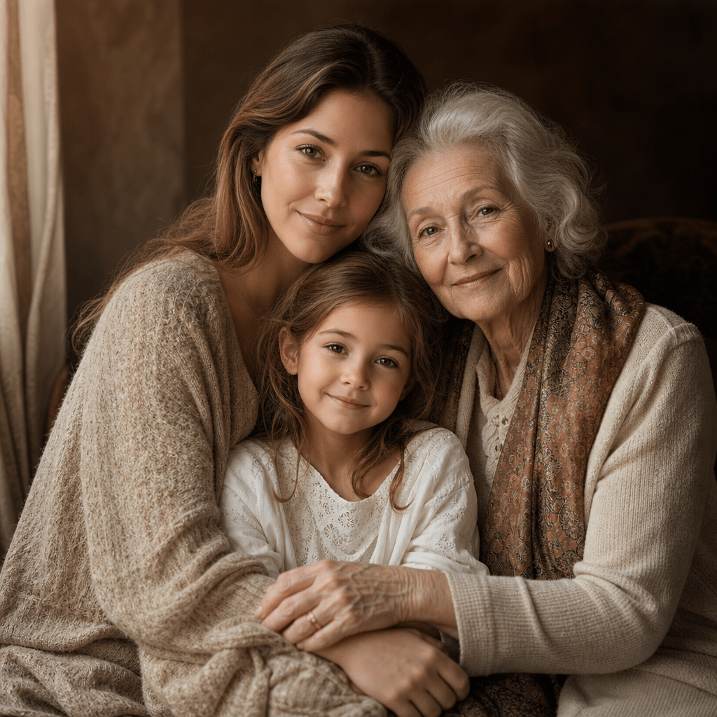 Family generations portrait emphasizing young and old together. Three-generation composition, warm intimate lighting, le