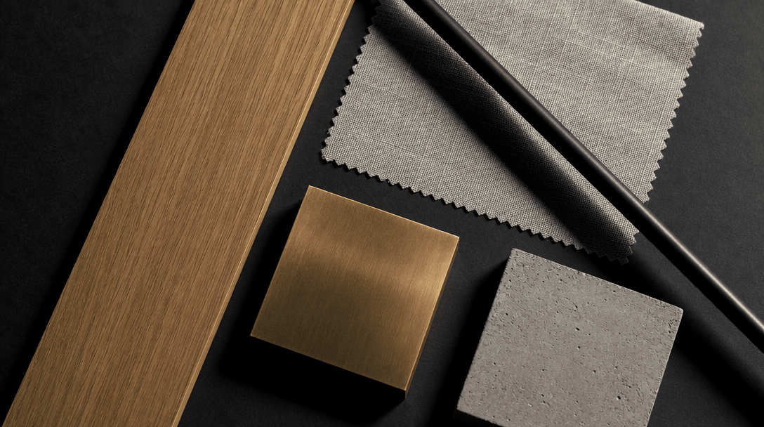 Abstract flat-lay editorial composition of interior design material swatches arranged with precision on a near-black sur
