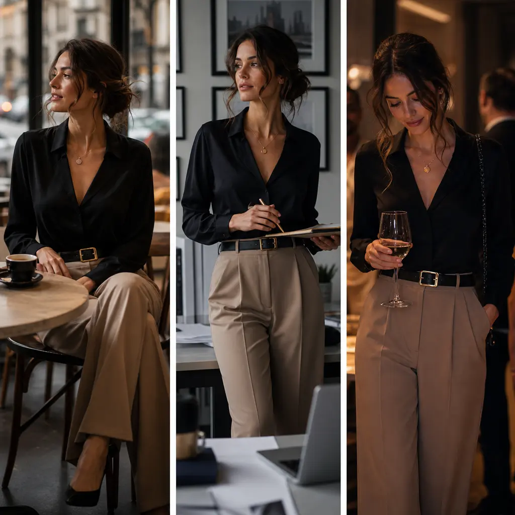 Three-shot lifestyle outfit sequence: morning coffee scene, office moment, evening event. Same outfit in different conte
