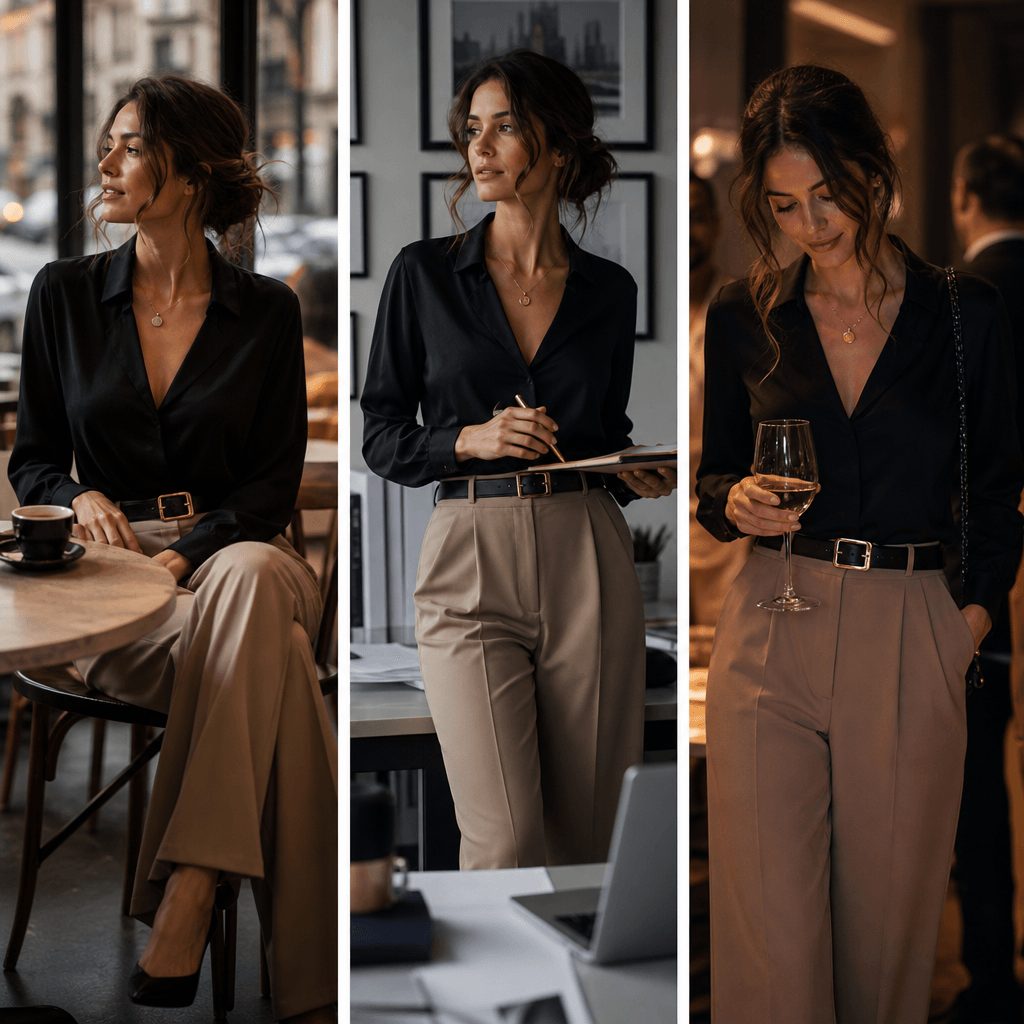 Three-shot lifestyle outfit sequence: morning coffee scene, office moment, evening event. Same outfit in different conte
