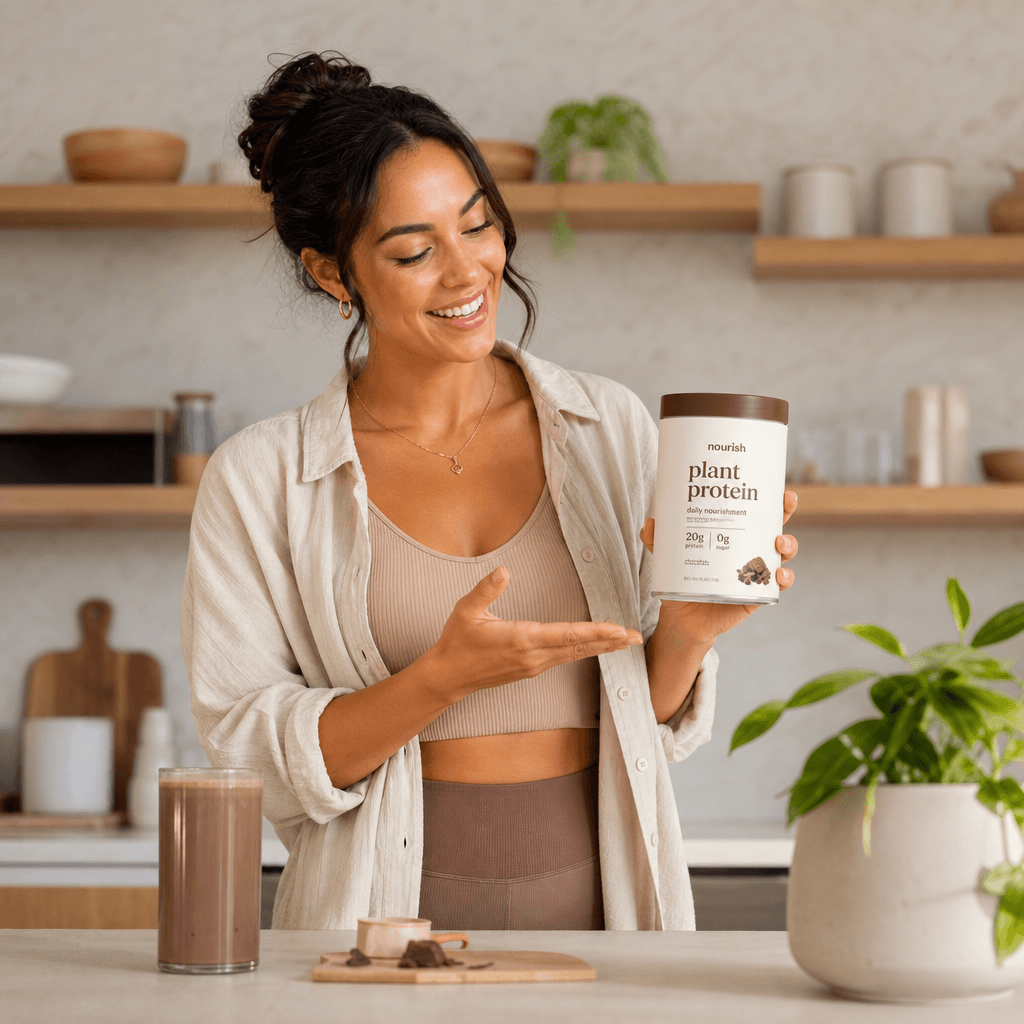 A person in motion presenting a food, beverage, or wellness product with professional product photography lighting. Clea