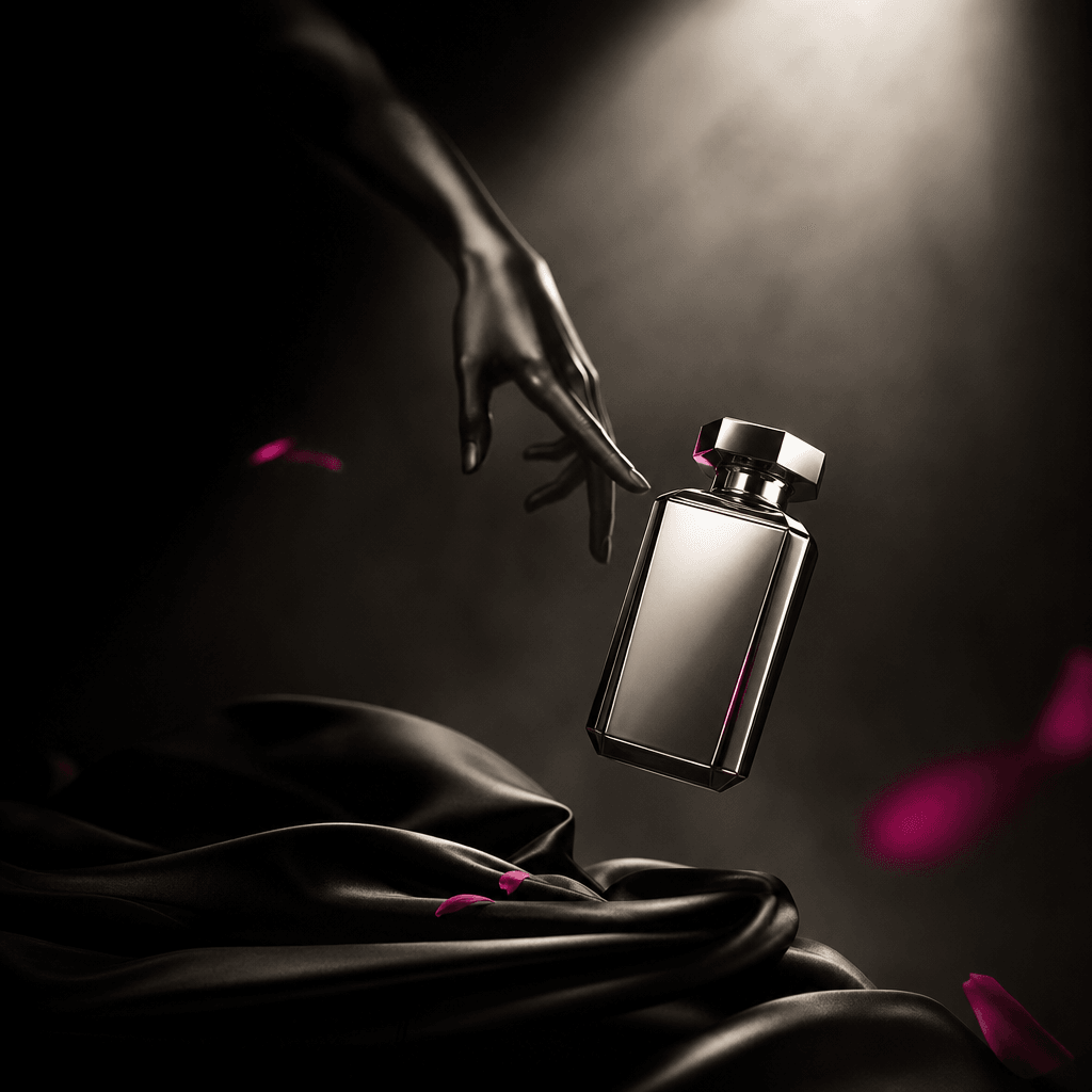 A reflective silver fragrance bottle floating above folded black satin, approached by an elongated hand extending from a