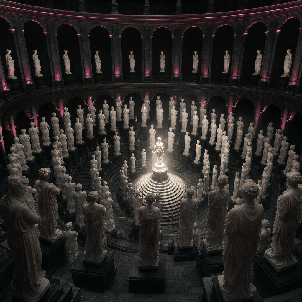 A surreal circular gallery containing a crowd of identical marble statues based on one anonymous subject, sculptures spi