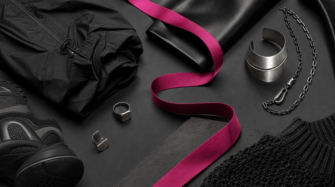 A curated arrangement of fashion materials on a dark studio floor: folded technical fabric, polished leather, brushed me