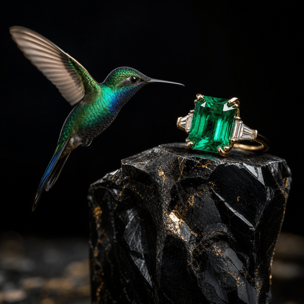 A jewel-toned hummingbird hovering beside an emerald ring balanced on a weathered obsidian pedestal. Cinematic macro pho