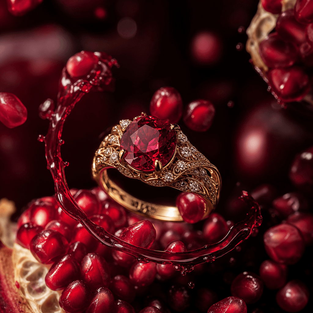 An ornate gold ring framed by translucent pomegranate seeds and a ribbon of ruby-colored juice, macro jewelry hero shot,