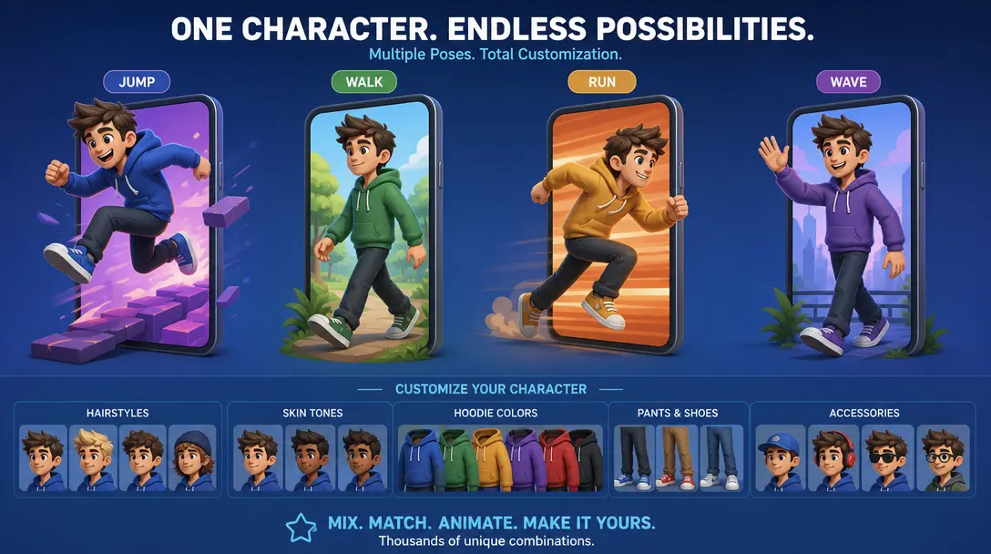 Different character poses stepping through screens - jumping, walking, running, waving - showing customization range and