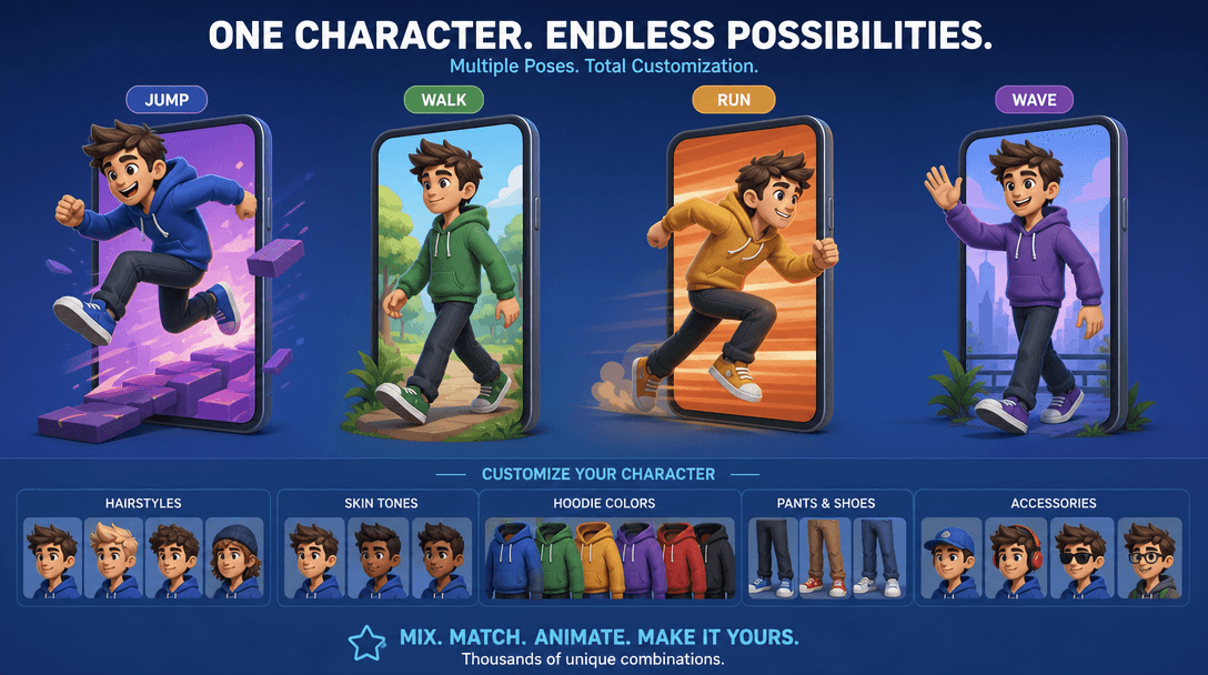 Different character poses stepping through screens - jumping, walking, running, waving - showing customization range and