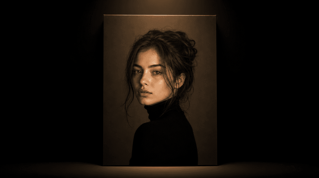 Dark minimal studio scene with a single hero portrait photograph as the central subject, warm editorial spotlight on the