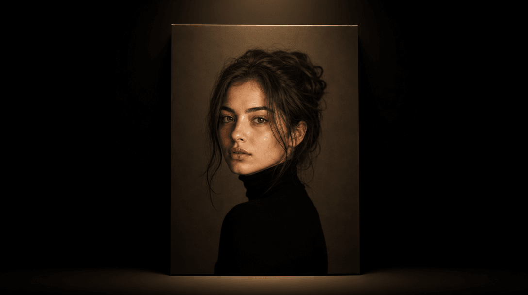 Dark minimal studio scene with a single hero portrait photograph as the central subject, warm editorial spotlight on the