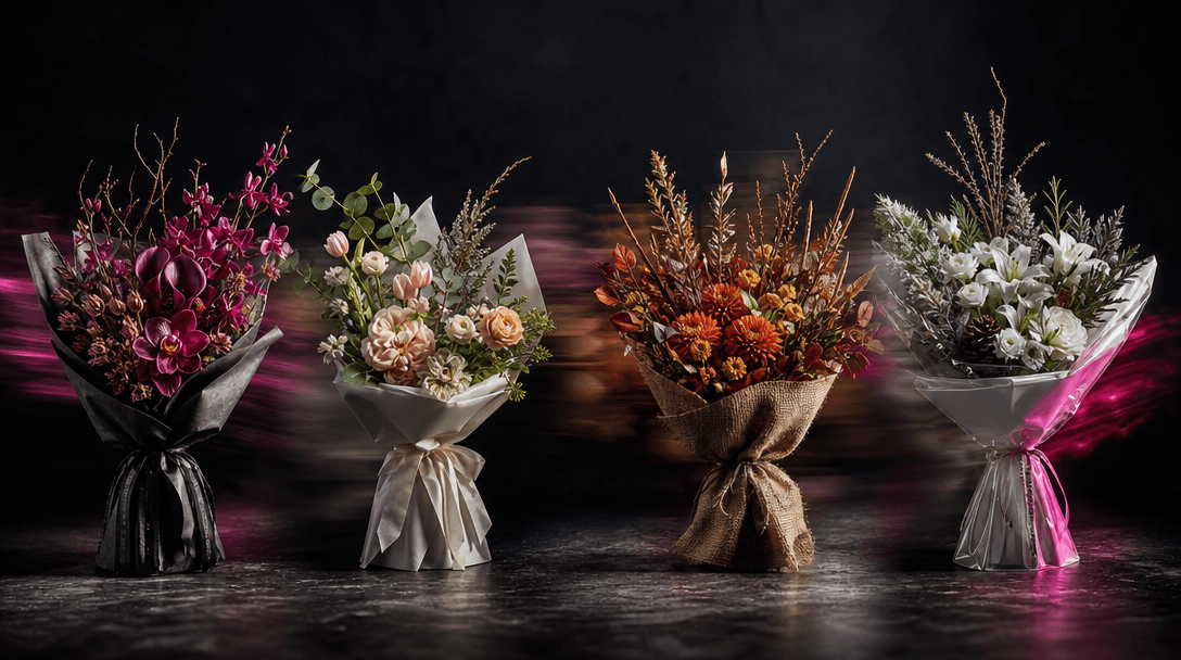 Wide cinematic arrangement of four distinct bouquets positioned in sequence across a dark studio floor, each with differ