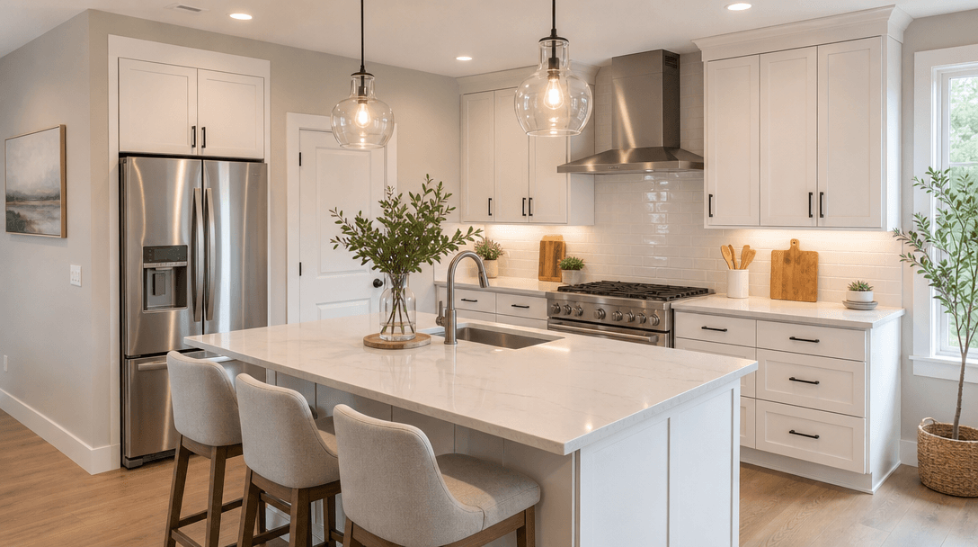 Clean, decluttered space with organized items, clear surfaces, professional staging. Bright welcoming light, minimal dec