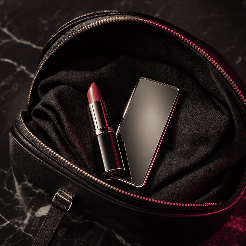 A compact lipstick and slim mirror resting on folded black fabric inside a refined travel pouch, minimal on-the-go beaut