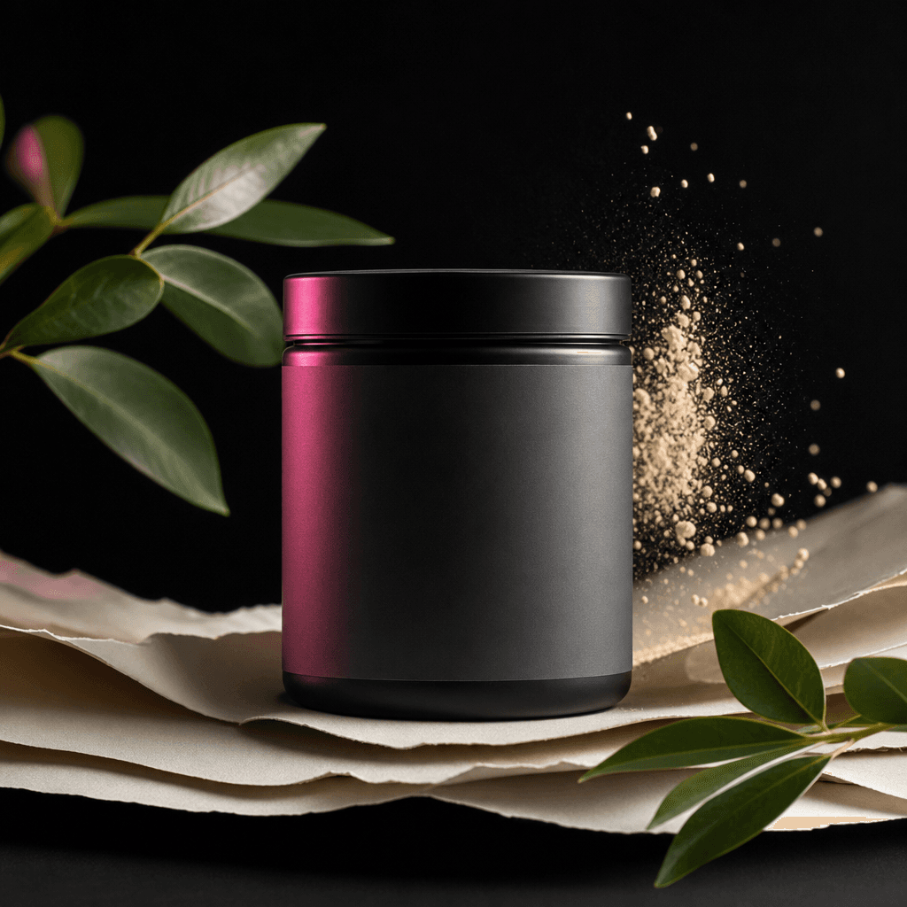 A premium supplement container on layered ivory paper forms with floating powder particles and green botanical leaves. N