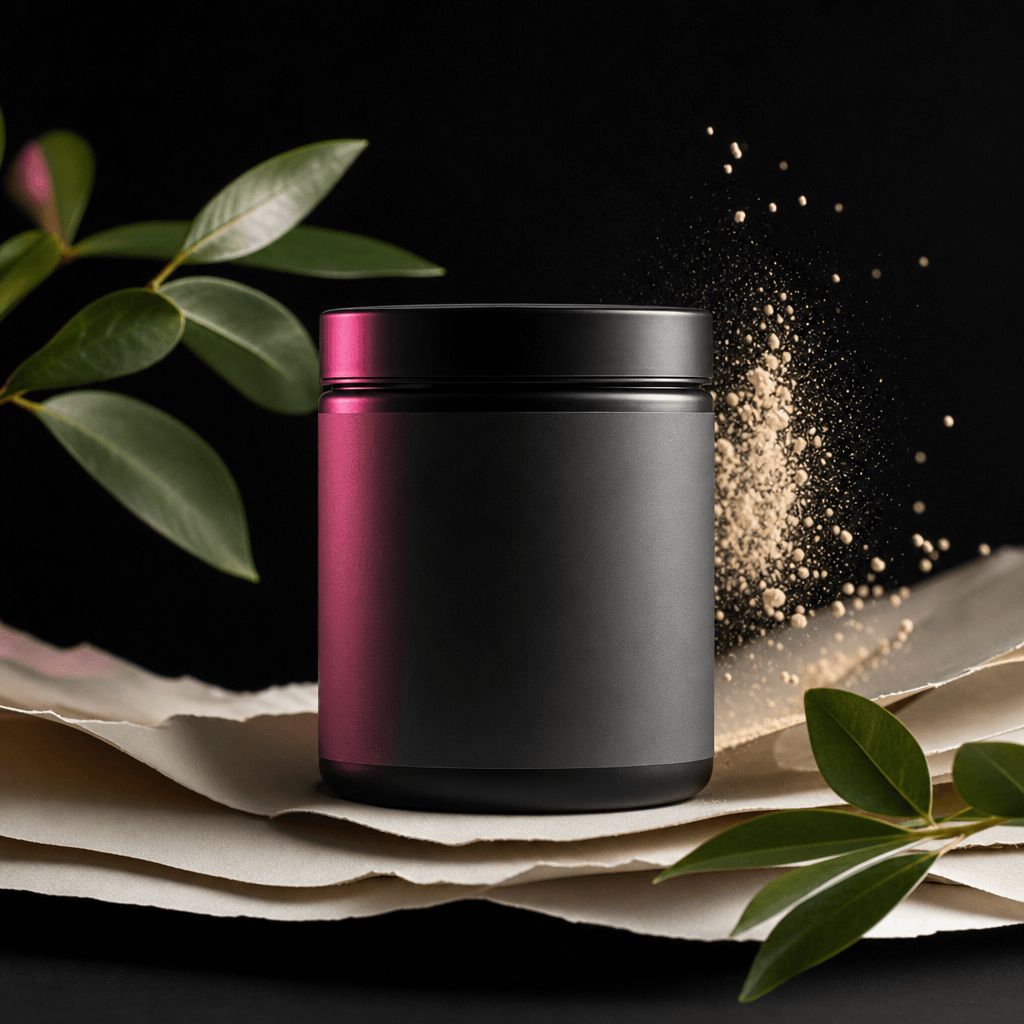A premium supplement container on layered ivory paper forms with floating powder particles and green botanical leaves. N