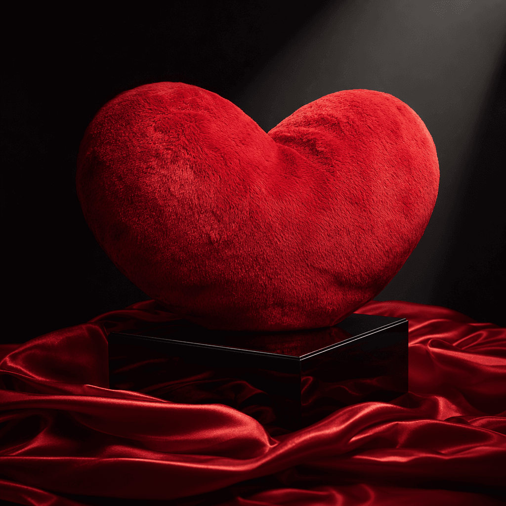 Oversized plush heart pillow resting on a black lacquer pedestal with scattered red satin folds, dramatic spotlight, dee