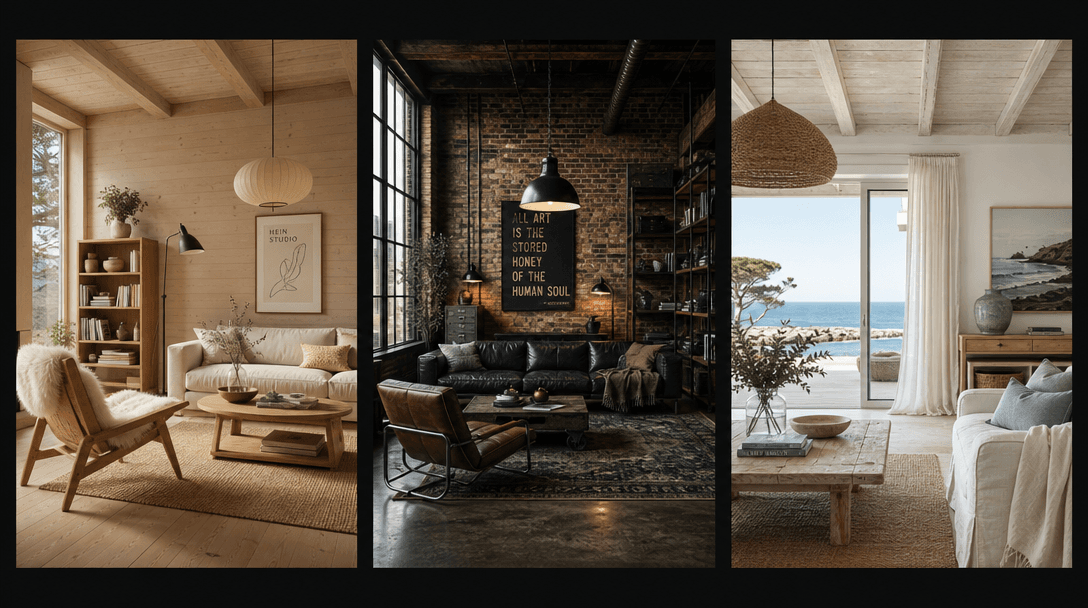 A wide editorial triptych arrangement against a near-black background showing three distinct styled room interiors side