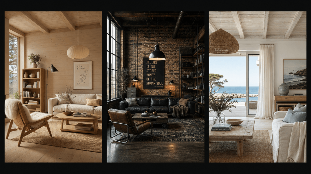 A wide editorial triptych arrangement against a near-black background showing three distinct styled room interiors side