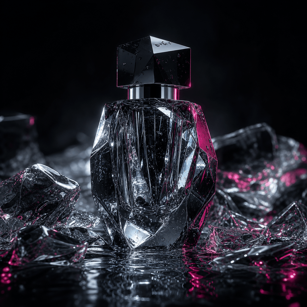 A sculptural fragrance bottle surrounded by fractured clear ice and shallow reflective water, dramatic refractions break