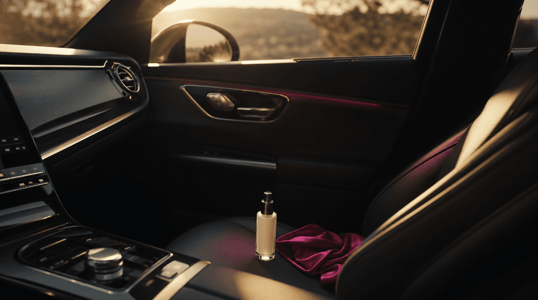 Wide cinematic view across the passenger seat of a premium parked car prepared for an intimate creator-style product rec