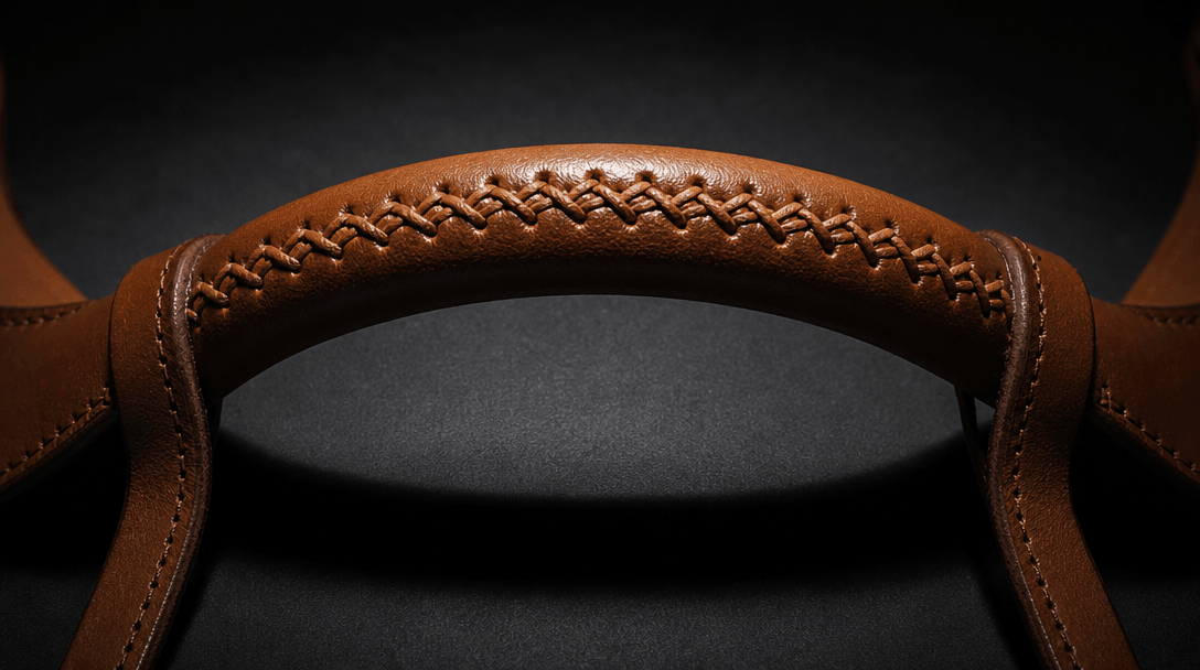 Extreme close-up of a leather bag handle detail — cross-stitched tan leather — lit with a single harsh key light from di